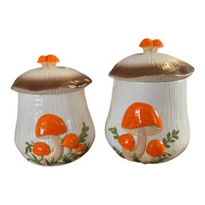 Vintage Arnel's Set of 2 Mushroom Lids Canister Jar Set Handmade Style 1982